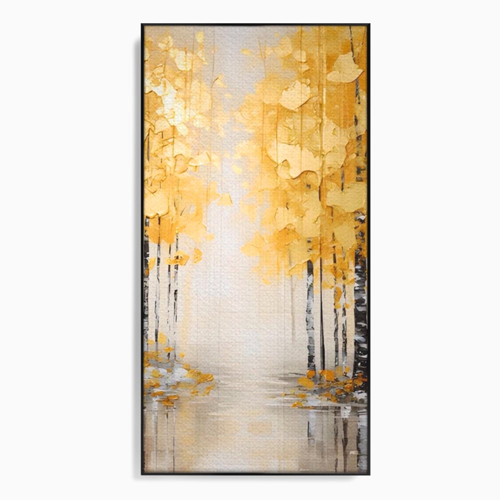 Tablou canvas cu pictura verticala cu padure aurie, in rama de aluminiu negru